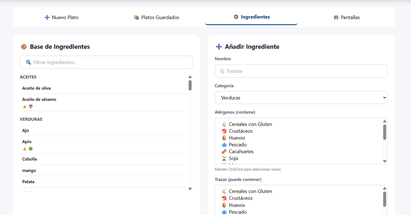 Pantalla de ingredientes de Smart Buffet