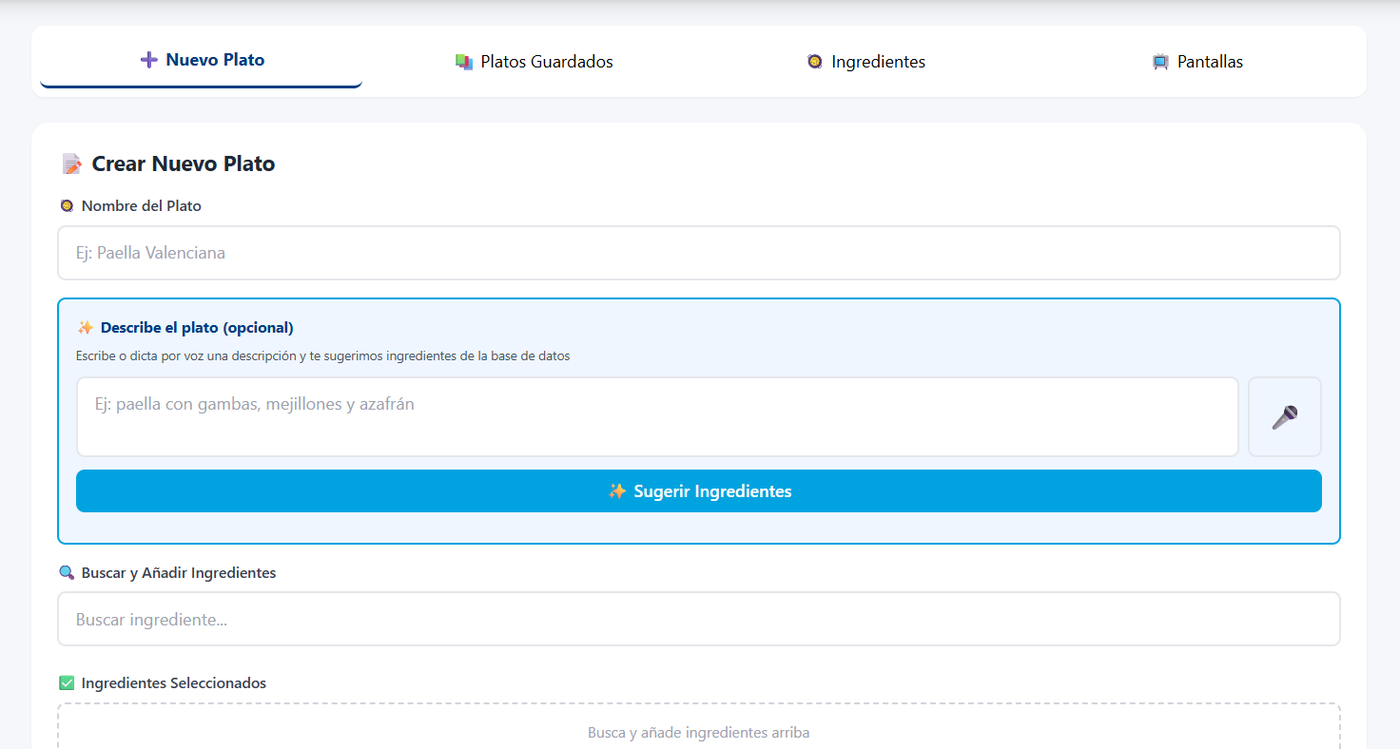 Pantalla de crear plato de Smart Buffet