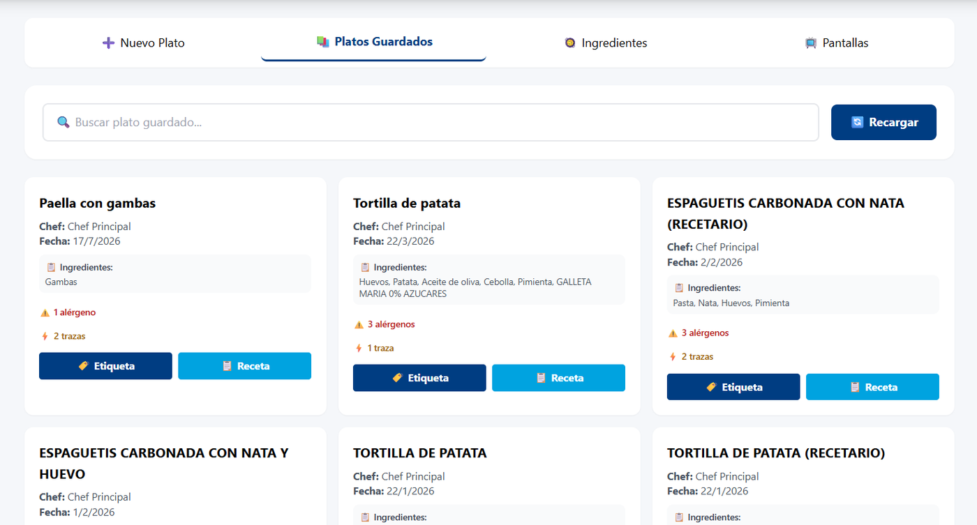 Pantalla de platos guardados de Smart Buffet